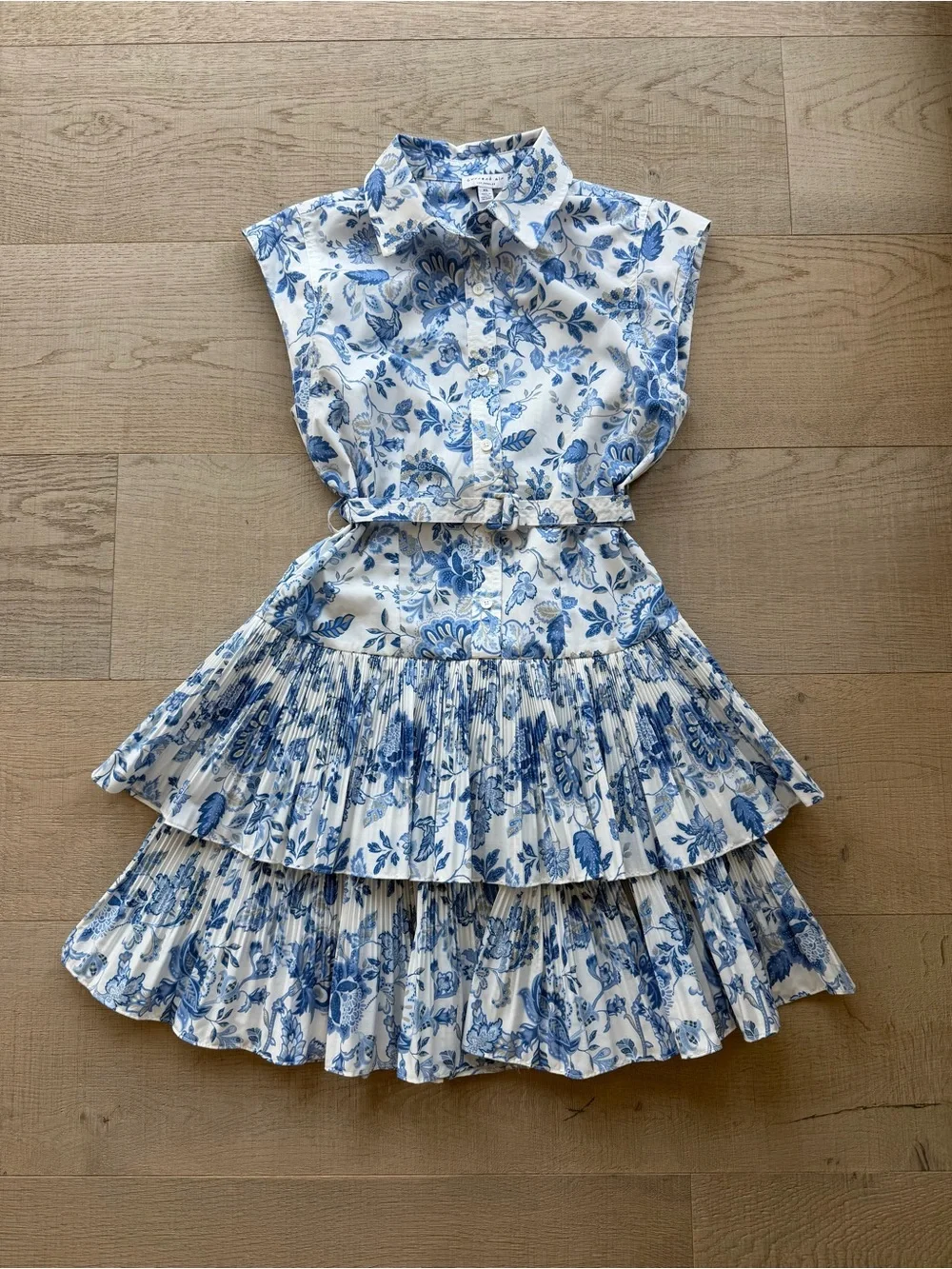 Avara Current Air White and Blue Floral Tiered Shirtwaist Dress - Picture 1 of 8